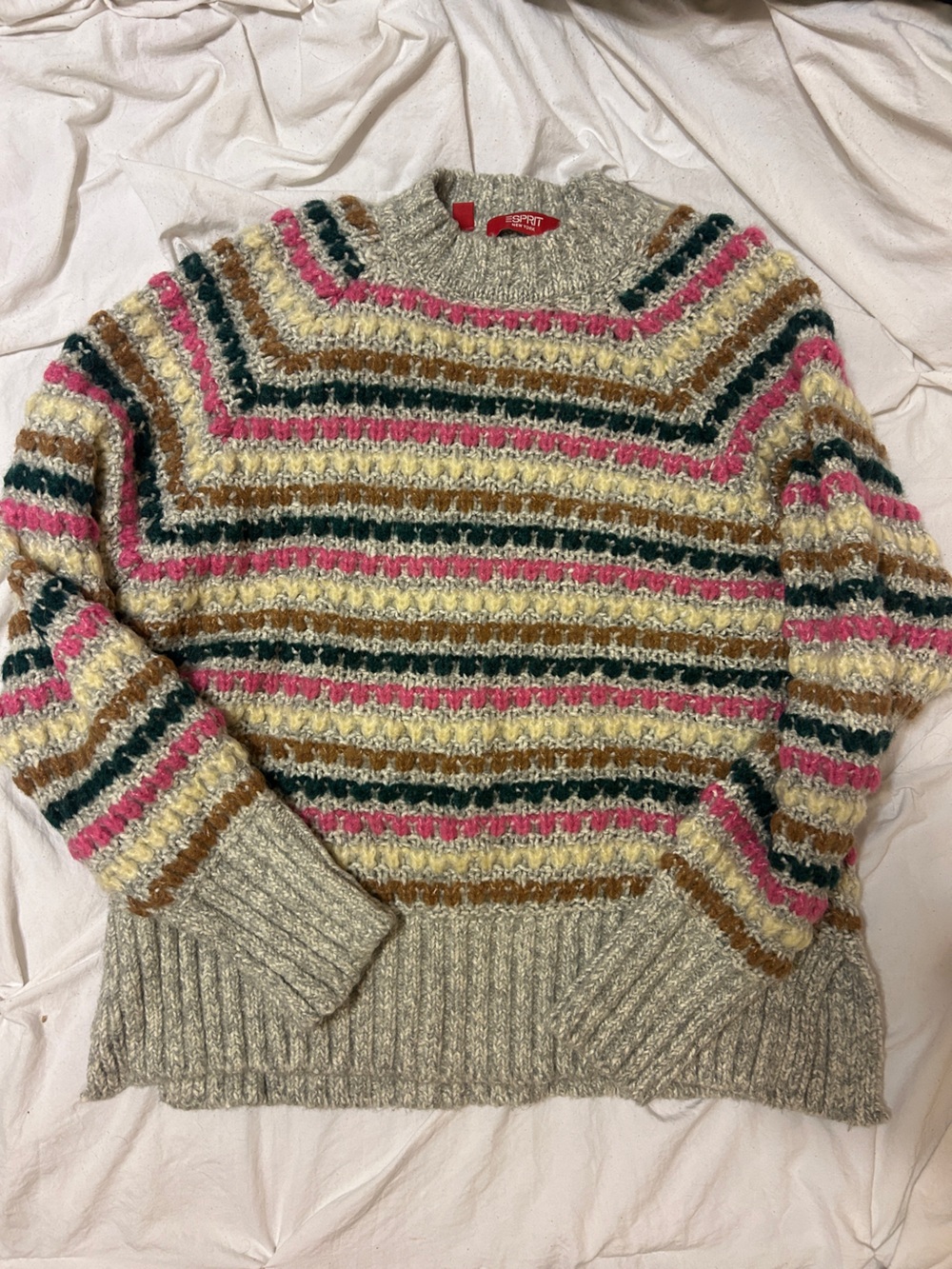 Esprit Striped Fuzzy Turtleneck Sweater in Cream, Pink, Brown & Dark Green